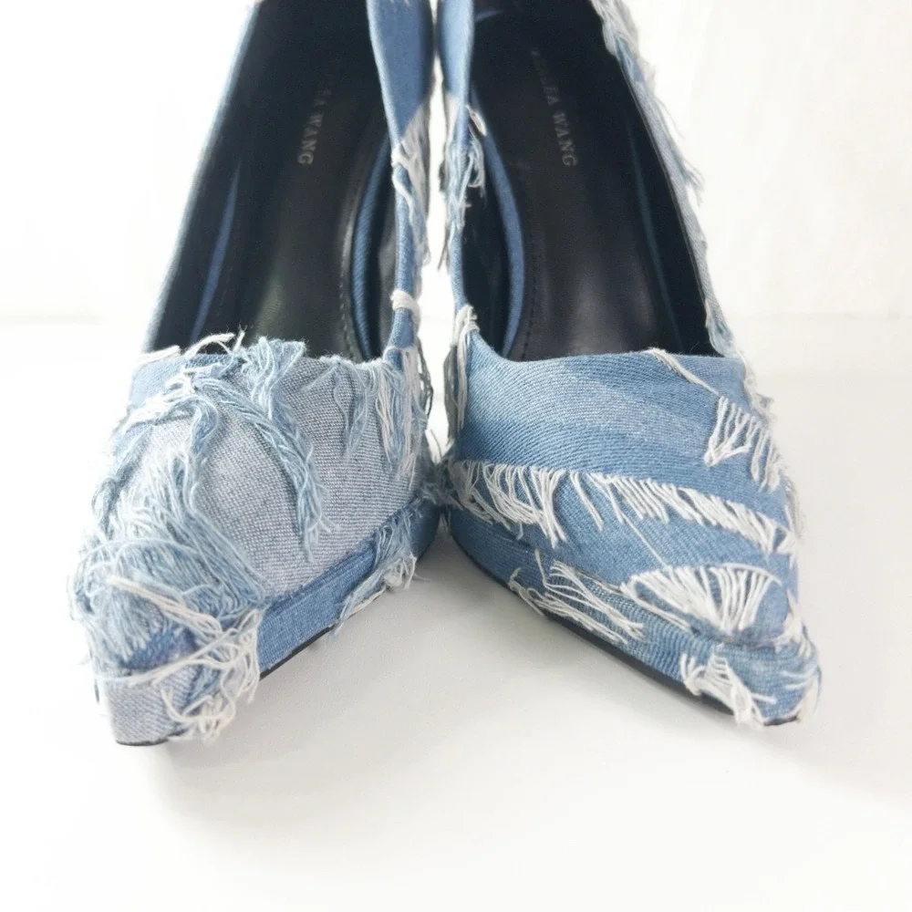 Azalea Wang Giada Denim Platform Pumps Womens 9 Frayed Patchwork Pointy Stiletto